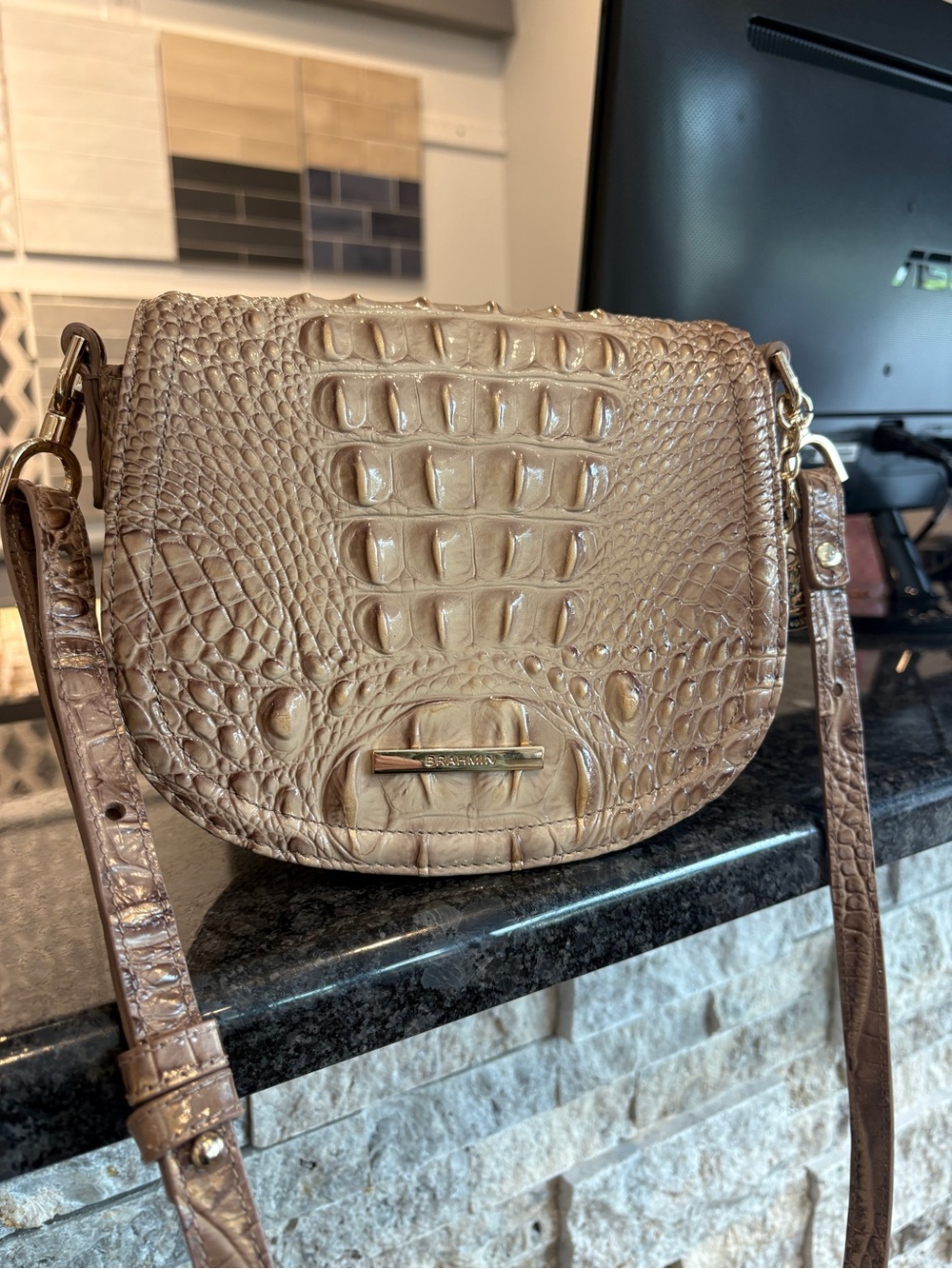Brahmin Croc-Embossed Taupe Crossbody with Gold Hardware